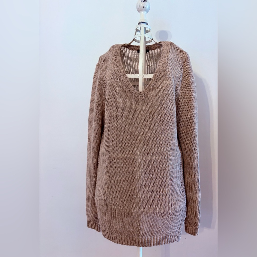 J McLaughlin V-Neck Sweater in Tan with Gold Metallic Accents